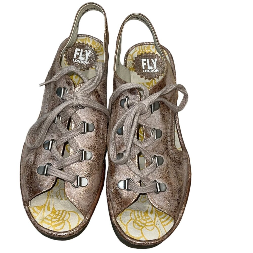 Fly London Womens Metallic Leather Wedge Sandals Size 40 With Lace-Up Design & R